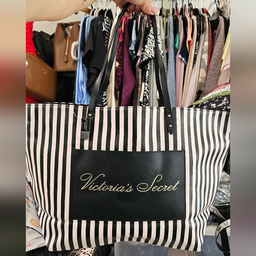 Victoria's Secret Black & Light Pink Striped Tote with Gold Script